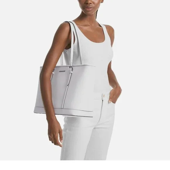 New Michael Kors Jet Set Travel Large Saffiano Leather Tote Bag Optic White - Picture 2 of 3